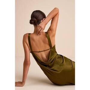 NEW Lulus Janita Olive Satin Sleeveless Cowl Back Maxi Dress Green - Size S